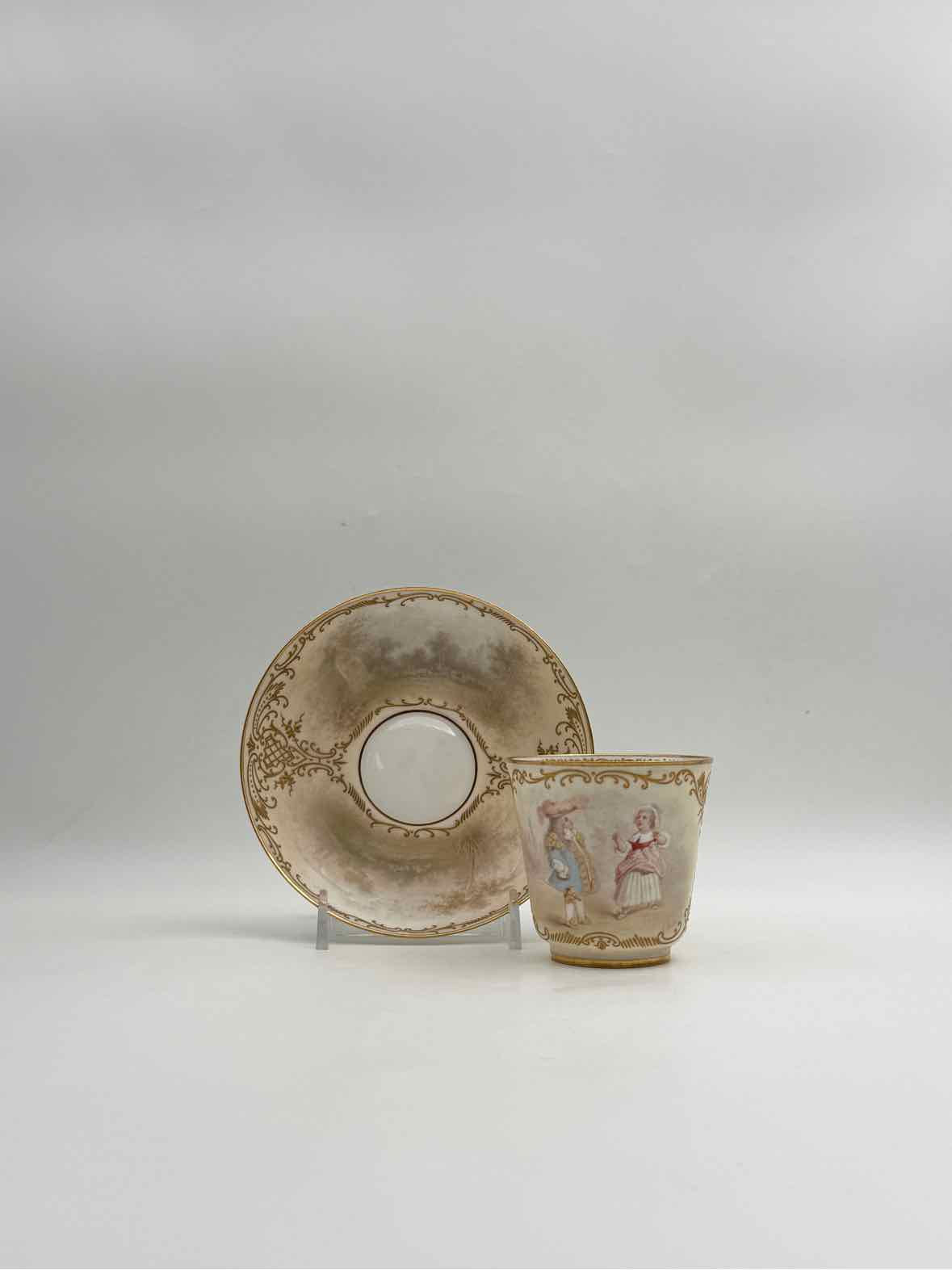 Antique 1900 Sevres Lovers Series Set Of Five Handpainted Teacups And Saucers