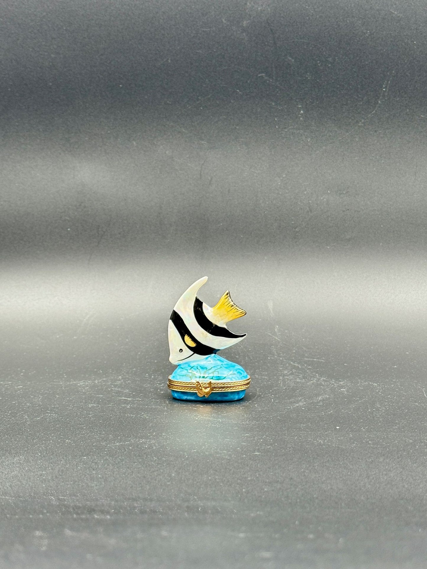 Limoges France Hand-Painted Fish Porcelain Trinket Box with Gilt Mounts