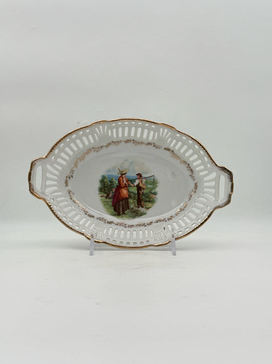 Vintage German Pierced Bowl With Painted Farmers And Gold Detailing