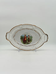Vintage German Pierced Bowl With Painted Farmers And Gold Detailing