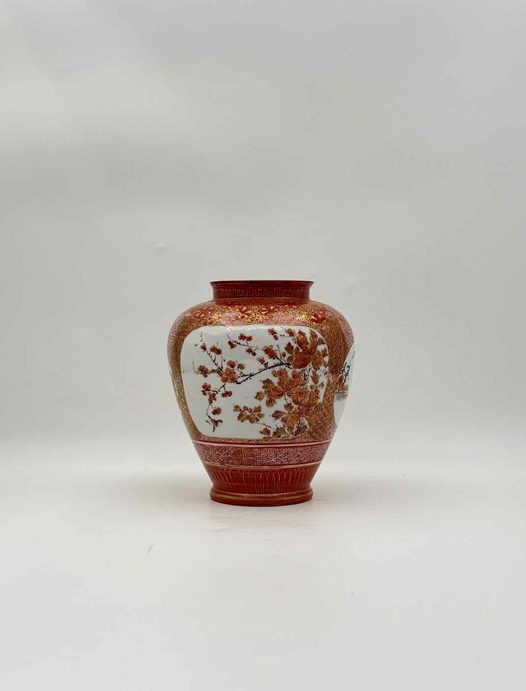 Vintage Chinese Red Gold Gilt Porcelain Vase Floral Landscape Panels