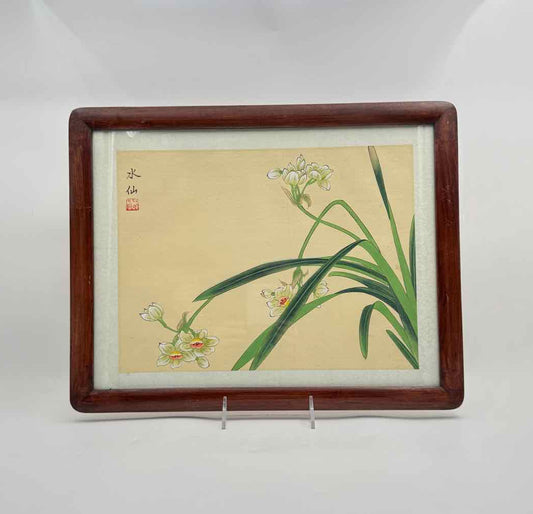 Framed Chinese Floral Silk Painting Green White Orange Blossoms