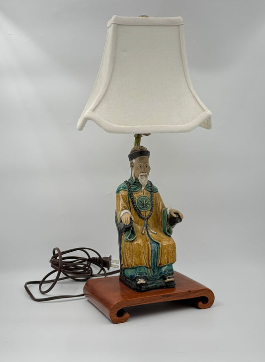 Small Chinese Ceramic Figural Table Lamp – 16.5" Tall – No Shade