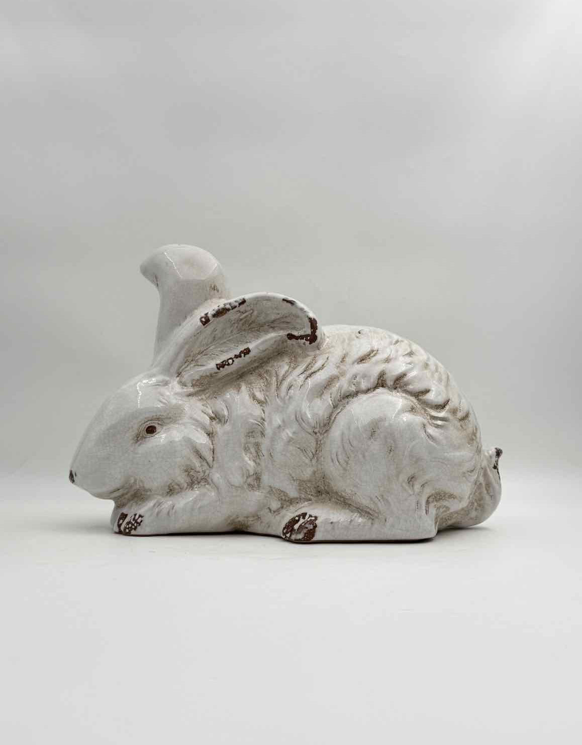 White Ceramic Crouching Bunny Rabbit Figure – Spring Easter Décor