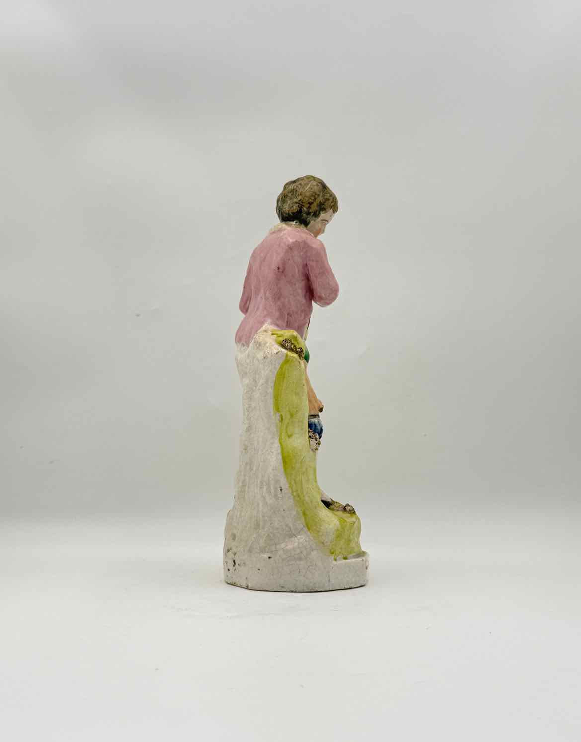 Antique Staffordshire Boy with Basket Figurine c 1840 English Pottery