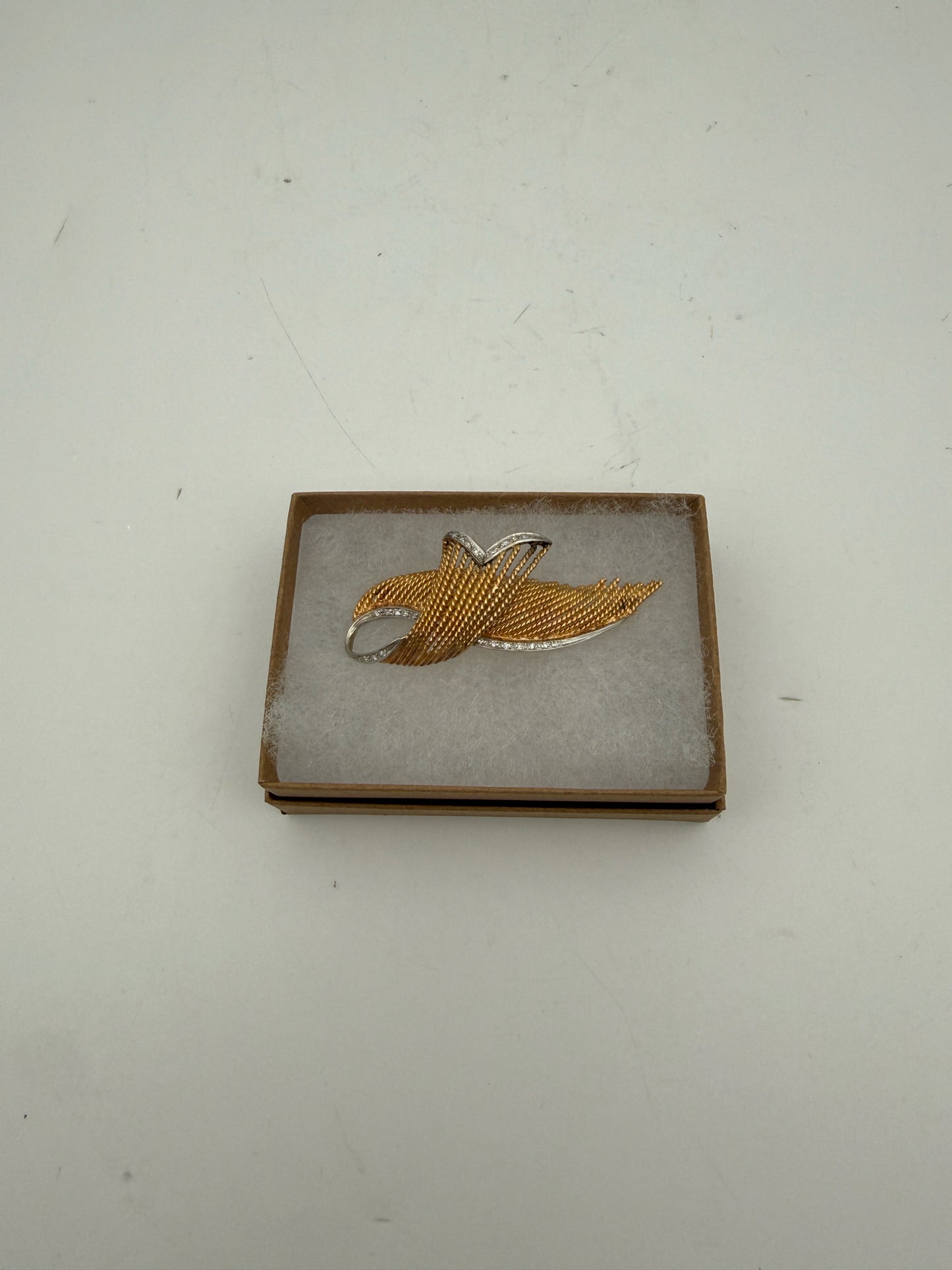 Vintage Gold Tone Feather Brooch With Rhinestones