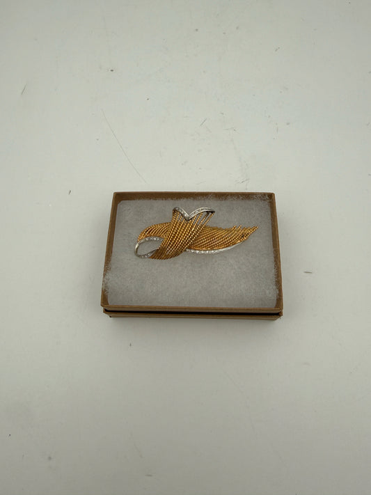 Vintage Gold Tone Feather Brooch With Rhinestones