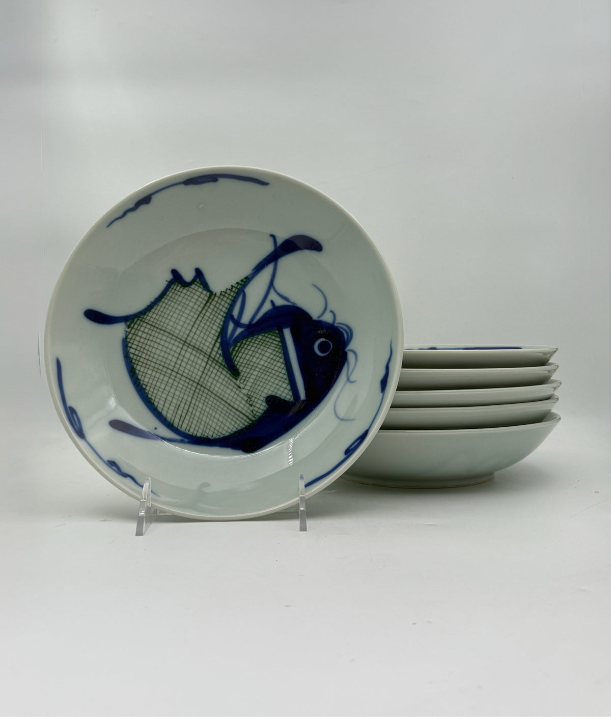 Japanese Fish Motif Shallow Soup Bowls- Set Of 6