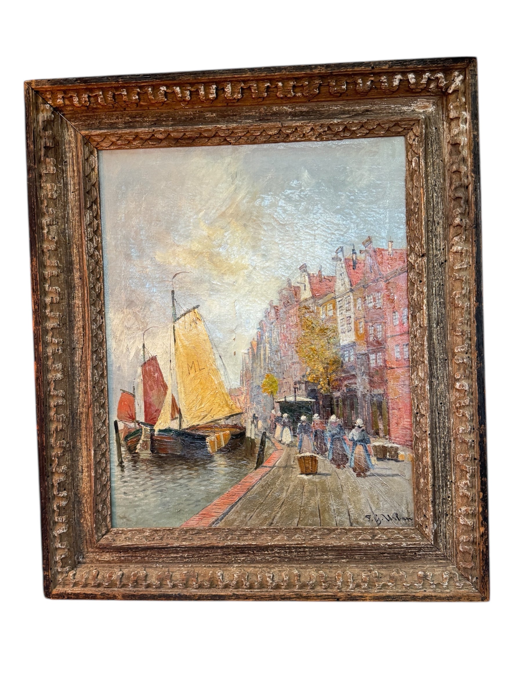 Dutch Harbor Scene Attributed to Karl Ludwig Friedrich Wagner Art Work