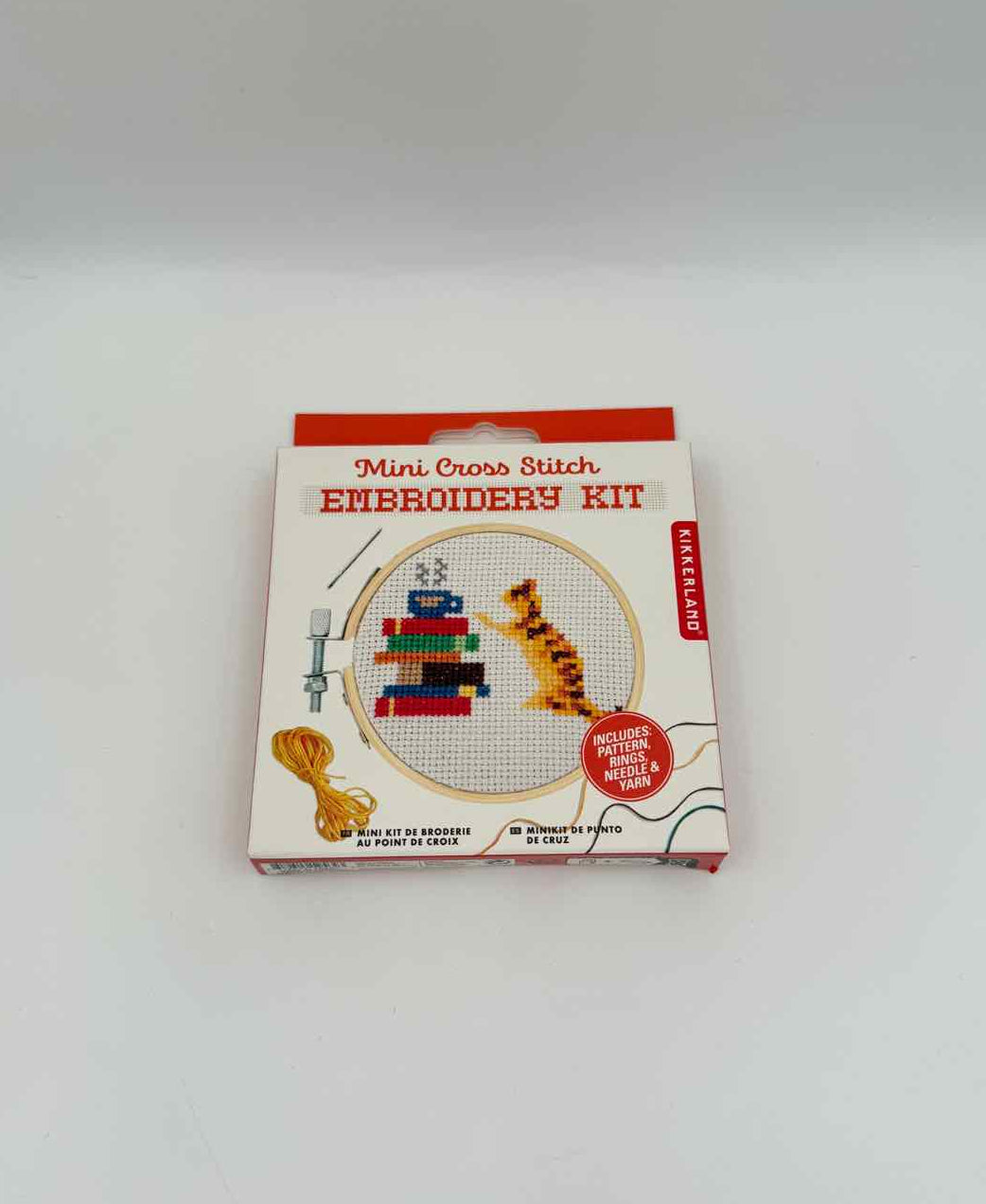 Kikkerland Mini Cross Stitch Kit – Cat & Books Embroidery Craft