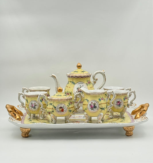 Dresden Porcelain Tea Service – Hand-Painted Floral & Gilt – 8 Pieces with Tray – Germany