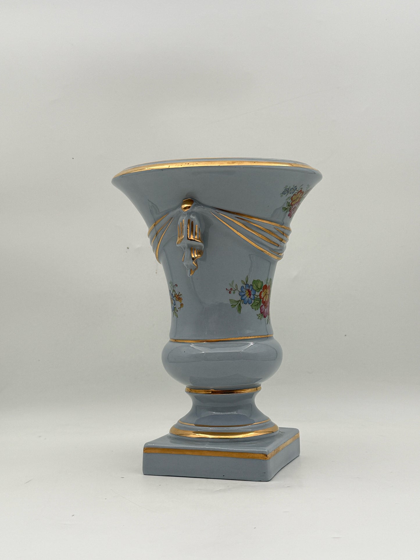 Vintage Porcelain Urn Vase with Flower Detail and Gold Gilt Trim