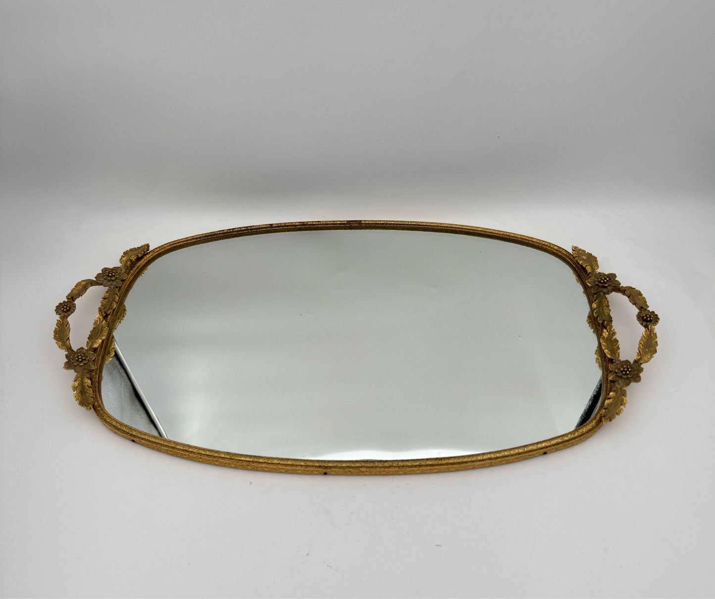Vintage Gold Tone Metal Mirror Tray With Handles