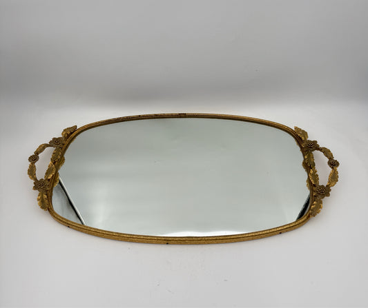Vintage Gold Tone Metal Mirror Tray With Handles