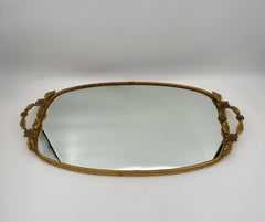 Vintage Gold Tone Metal Mirror Tray With Handles