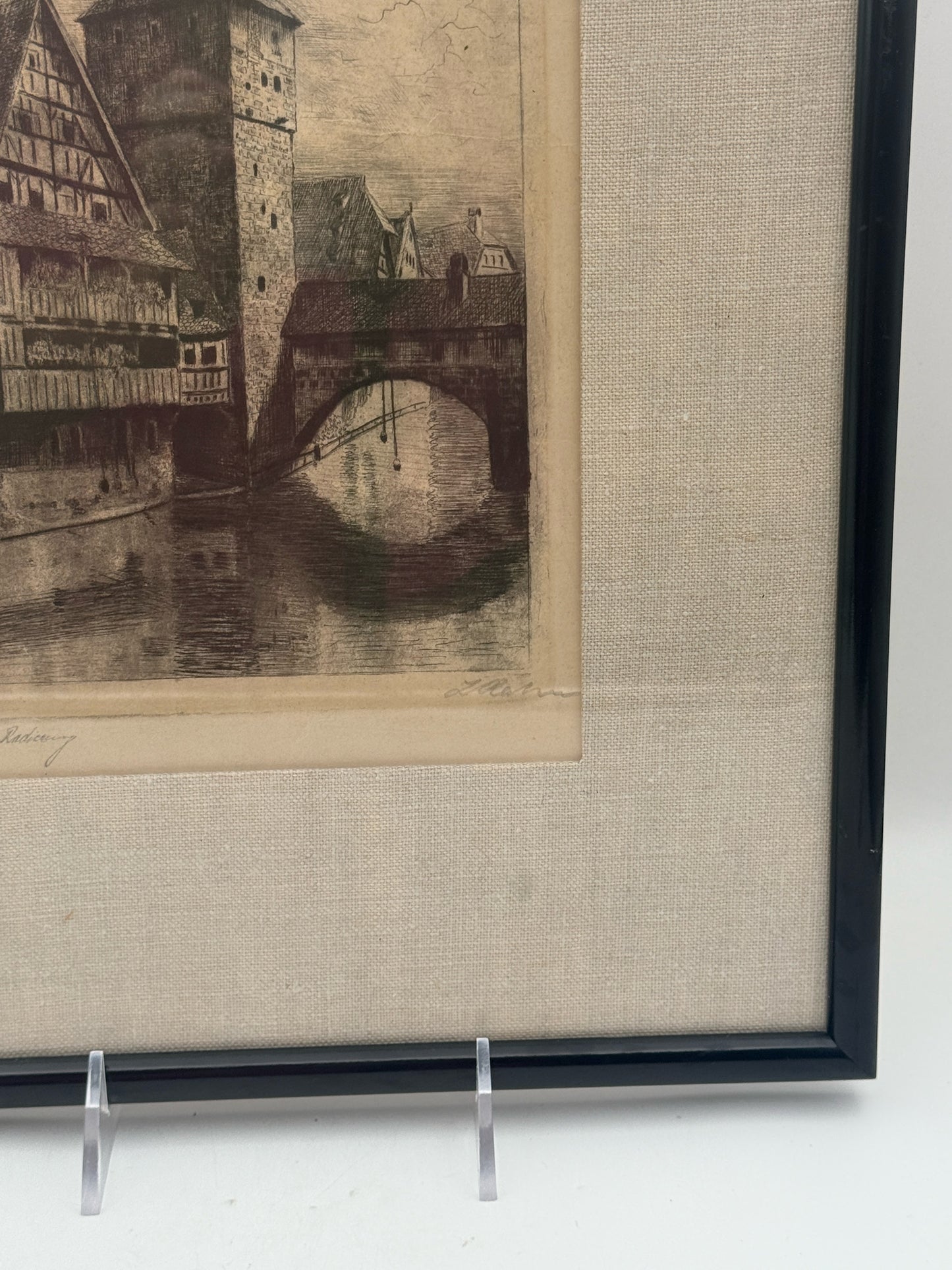Antique Framed And Signed Etching Of A German/European City