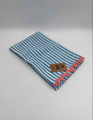 Blue Striped Cotton Tea Towel with Pink Ric Rac Trim