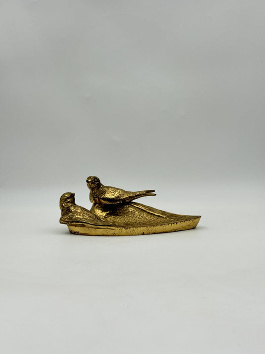 Antique French Art Nouveau Gilt Bronze Inkwell – Pair of Birds on Leaf Base, c.1920s