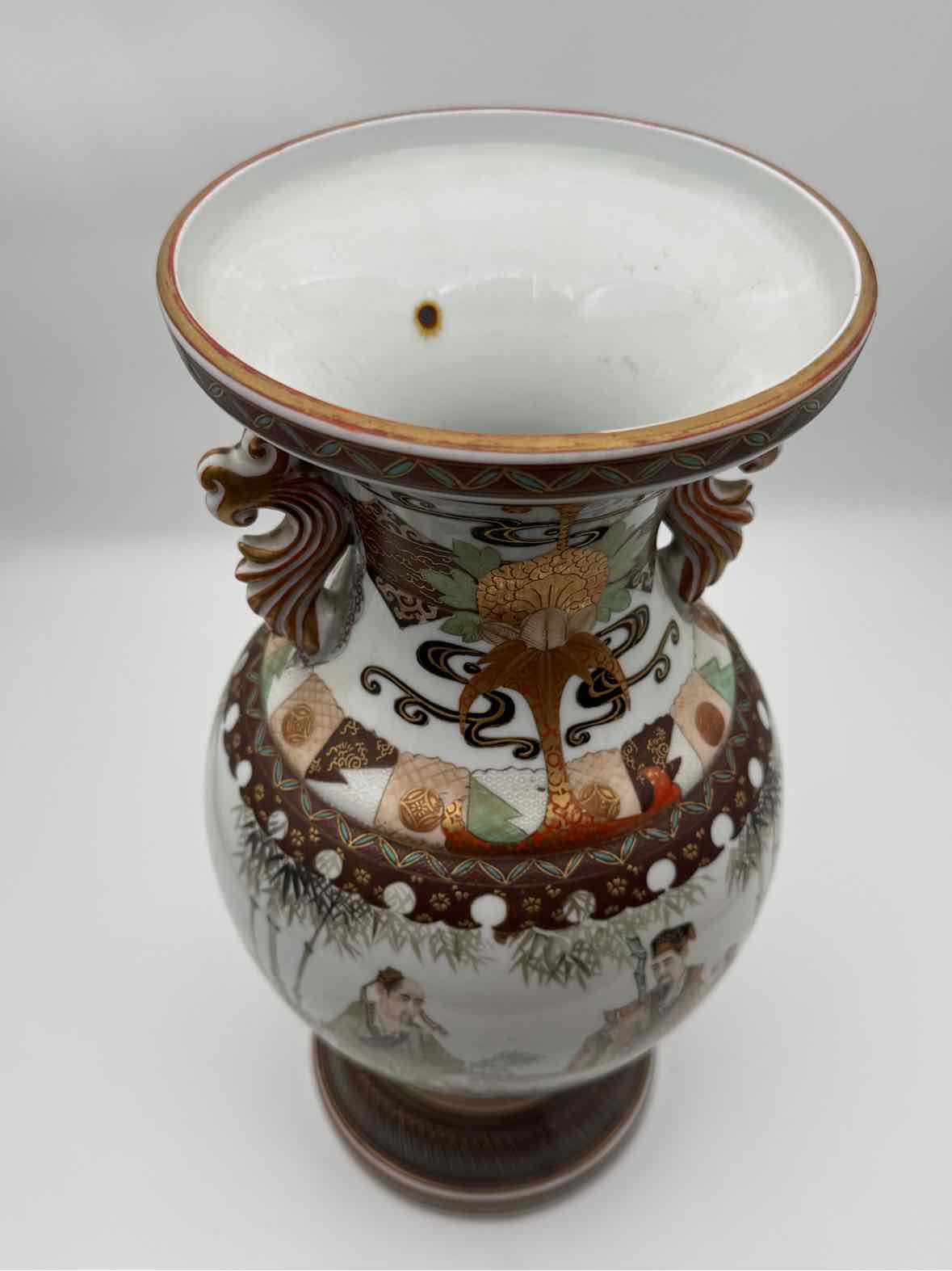 Vintage Chinese Porcelain Vase with Handles Brown Gold Bamboo Scene