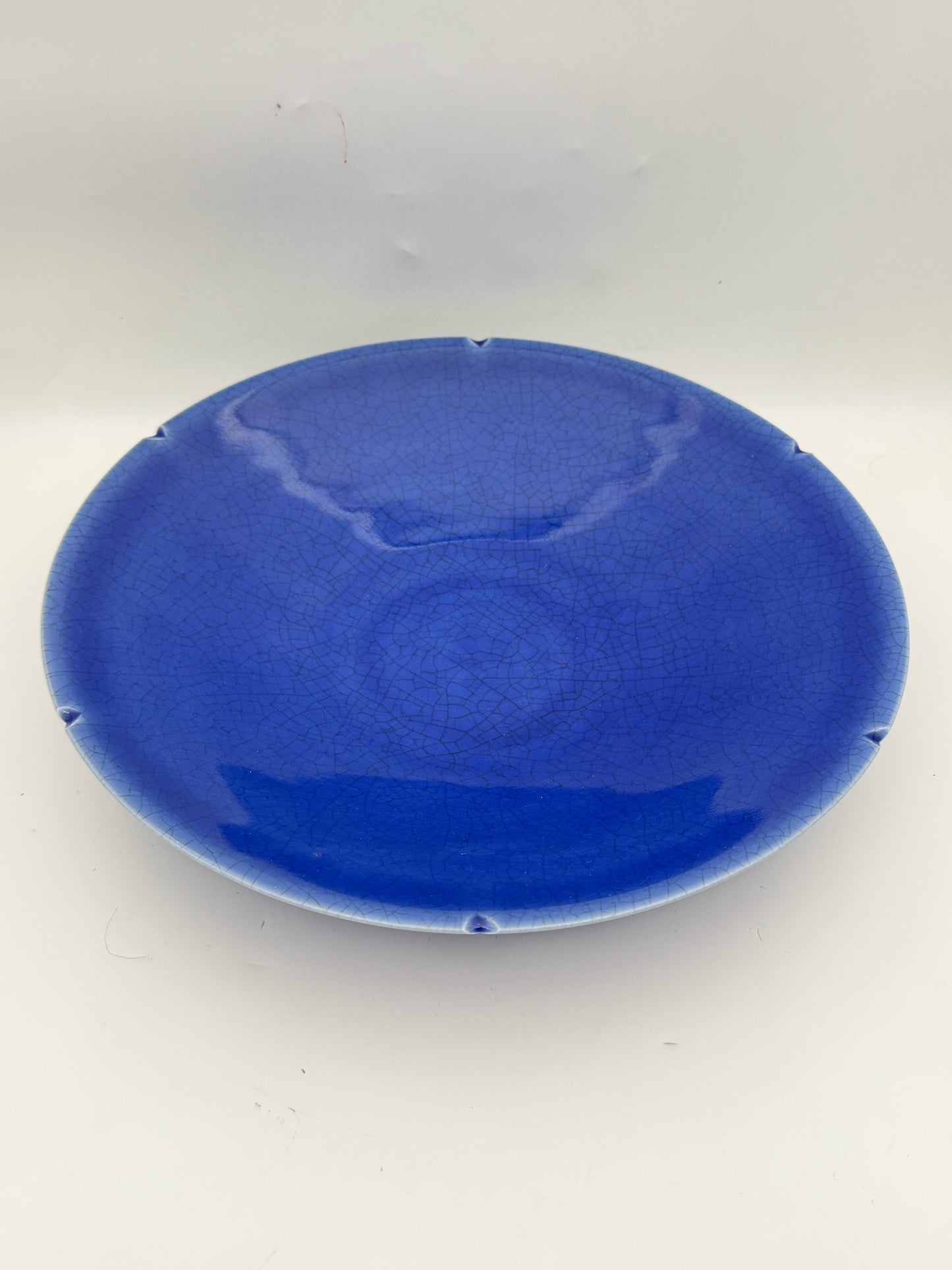 Shallow Fruit Or Serving Ceramic Bowl With Blue Crackle Glaze