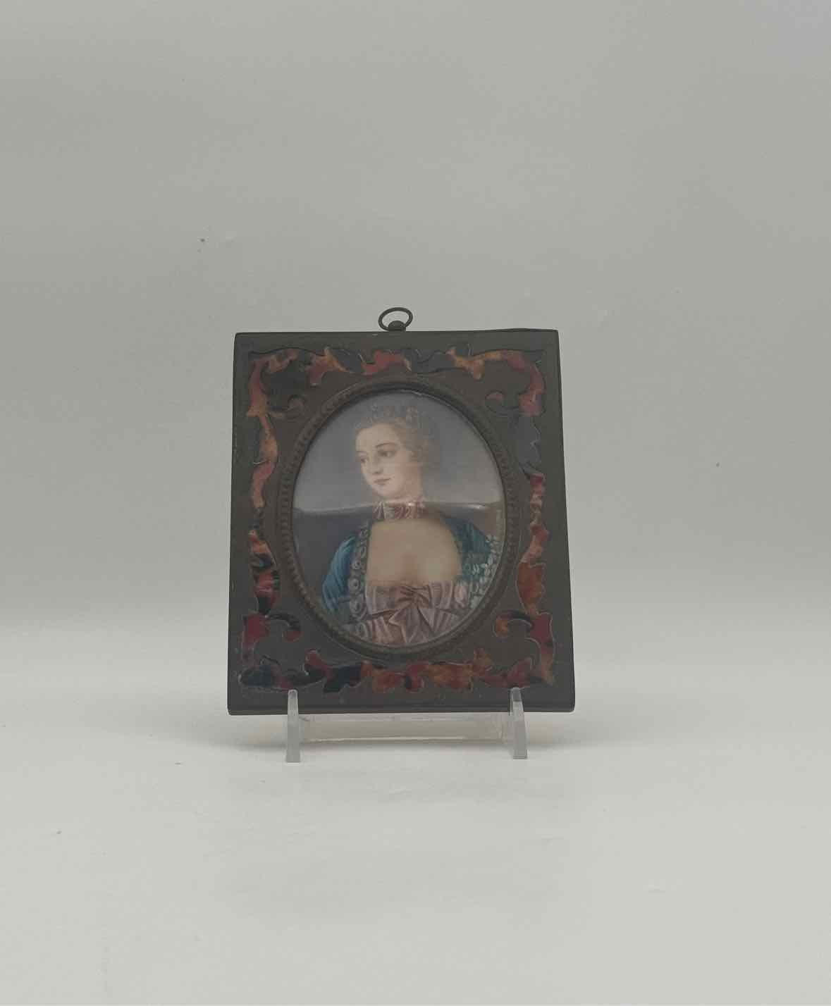 Antique Late Victorian Miniature In Metal And Tortoiseshell Frame