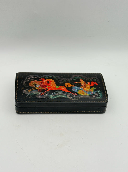 Handpainted Russian Lacquer Box With A Troika Scene