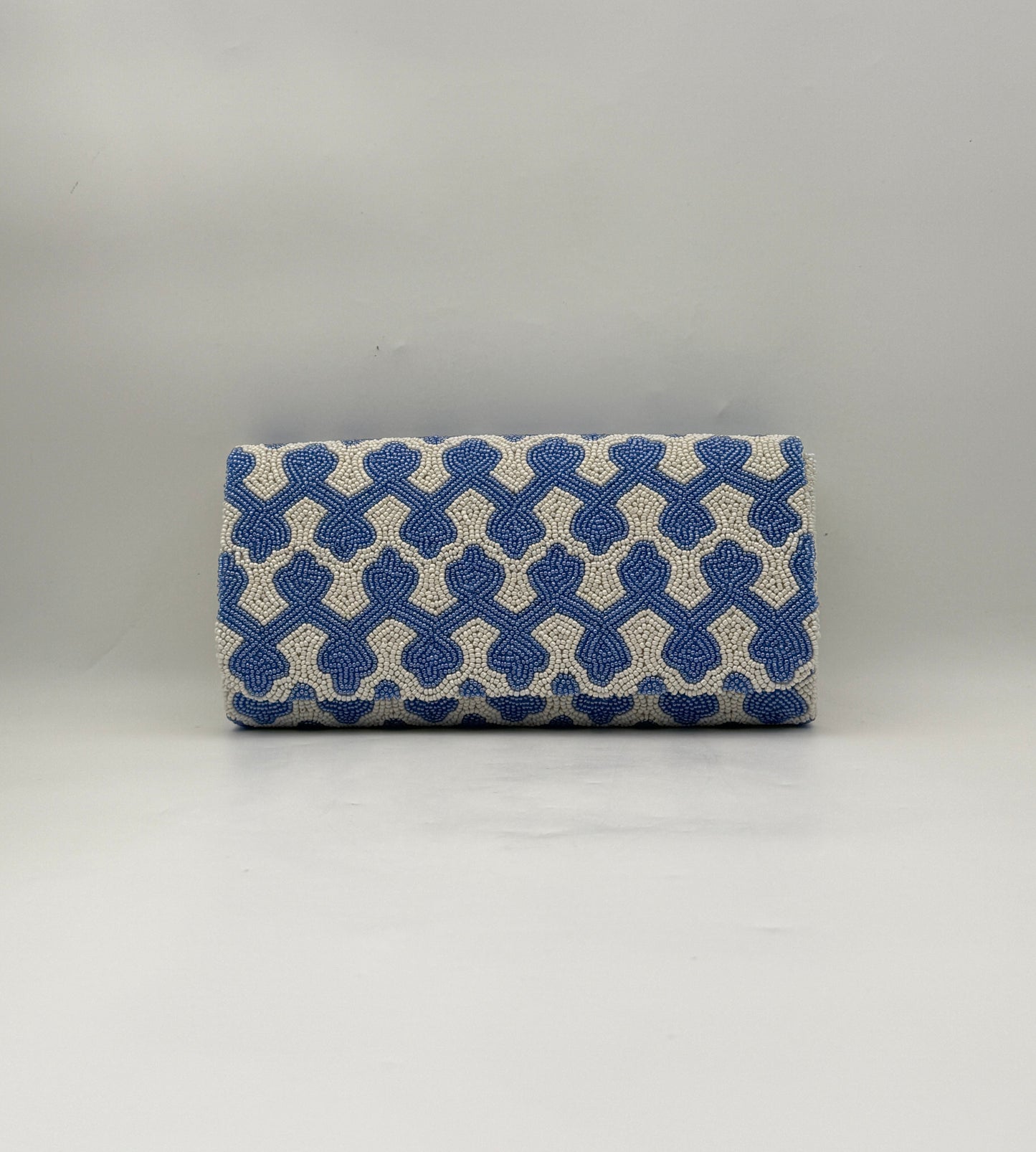 Hand Beaded Blue & White Geometric Clutch with Chain Strap
