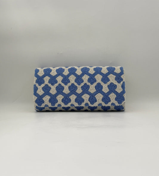 Hand Beaded Blue & White Geometric Clutch with Chain Strap