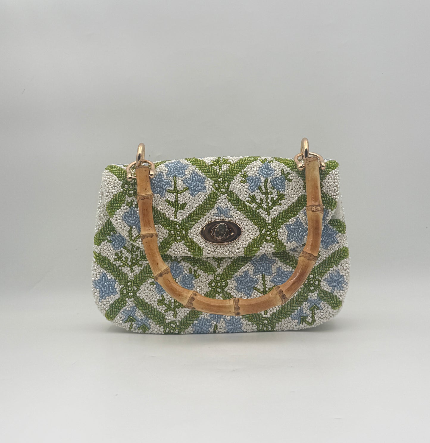 Hand Beaded Blue Floral Purse Handbag with Bamboo Handle