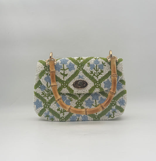 Hand Beaded Blue Floral Purse Handbag with Bamboo Handle