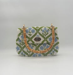 Hand Beaded Blue Floral Purse Handbag with Bamboo Handle