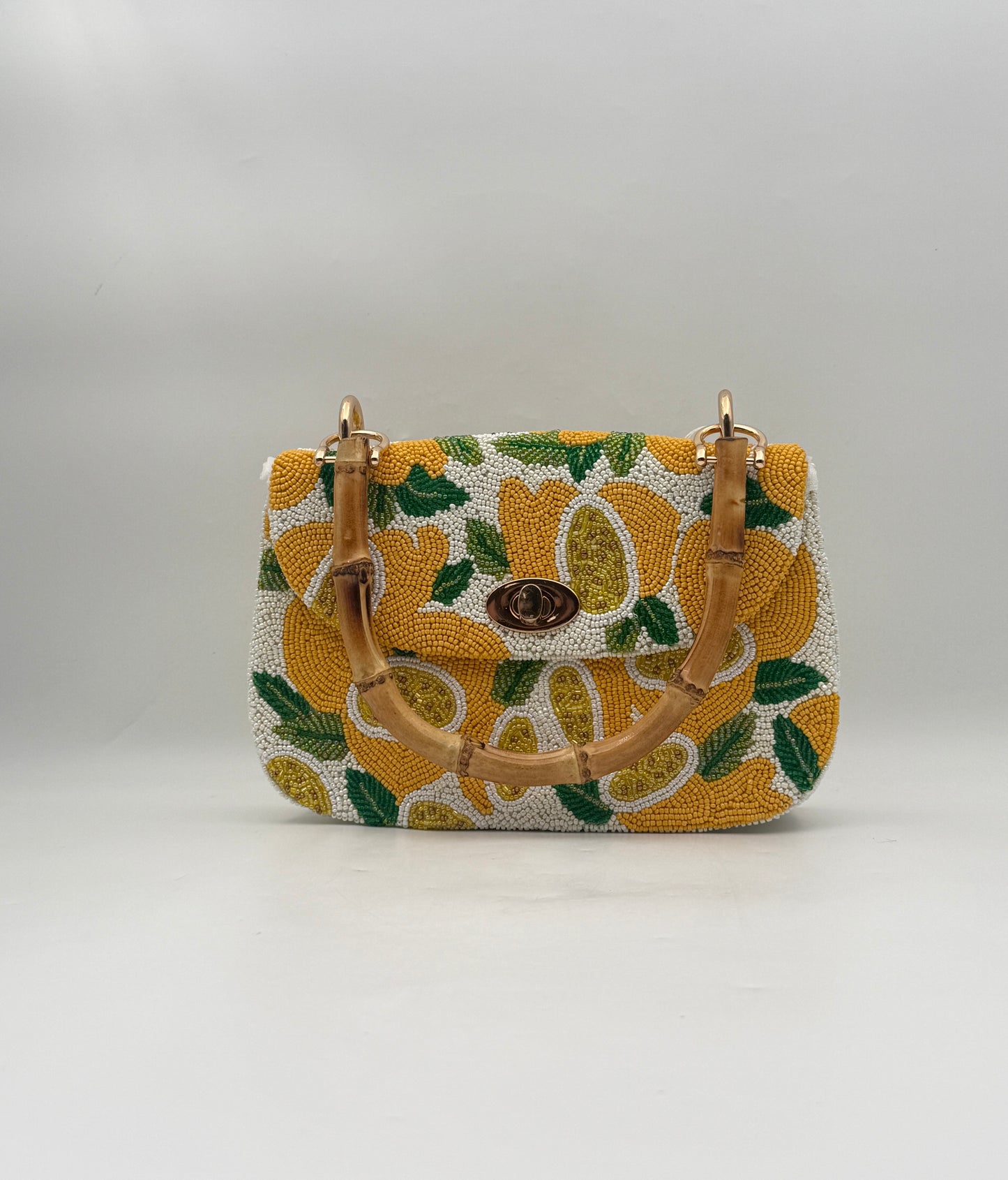Hand Beaded Lemon Purse Handbag with Bamboo Handle