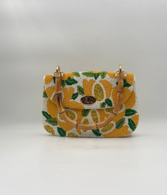 Hand Beaded Lemon Purse Handbag with Bamboo Handle
