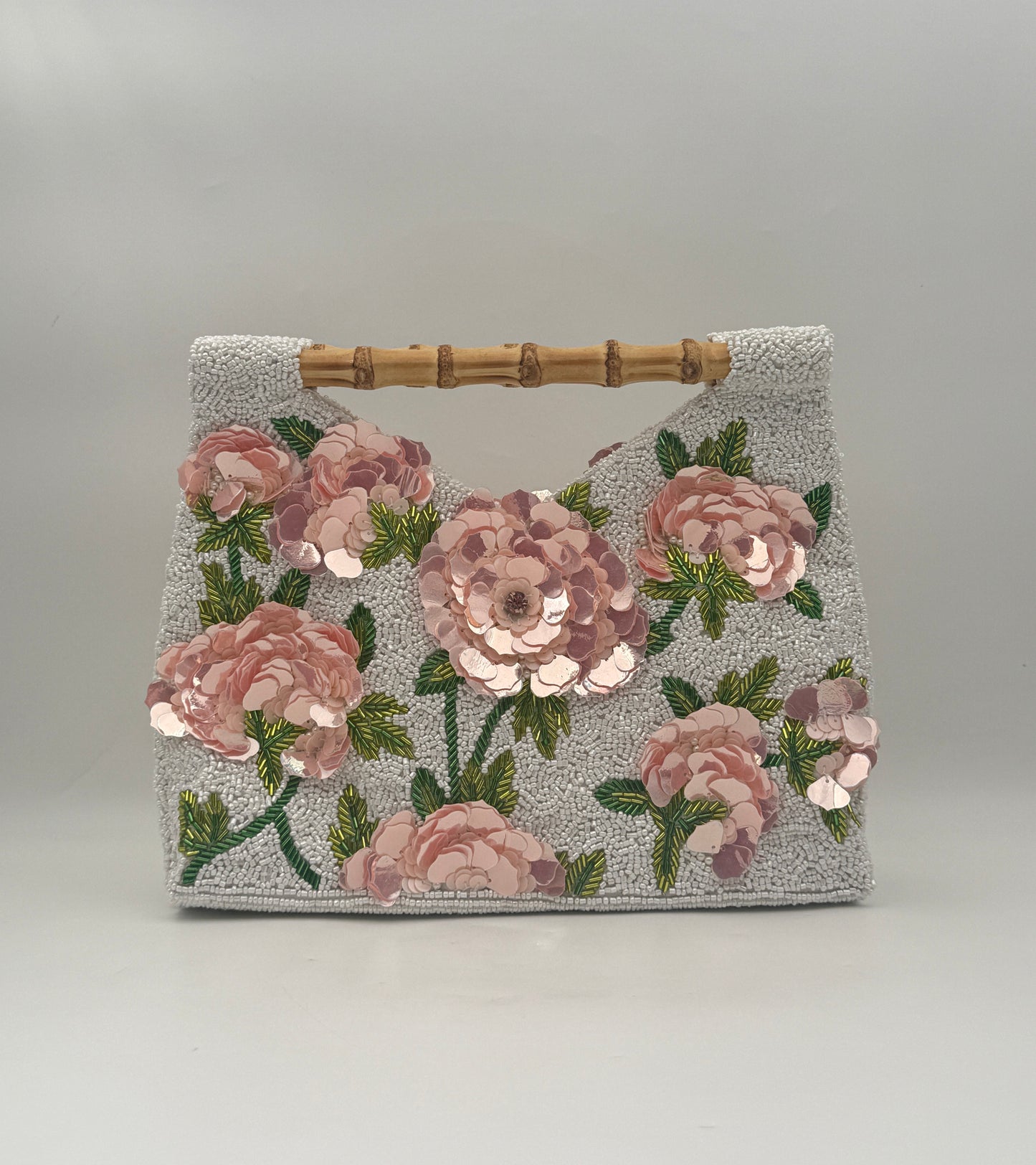 Hand Beaded Pink Floral Purse Handbag with Bamboo Handle