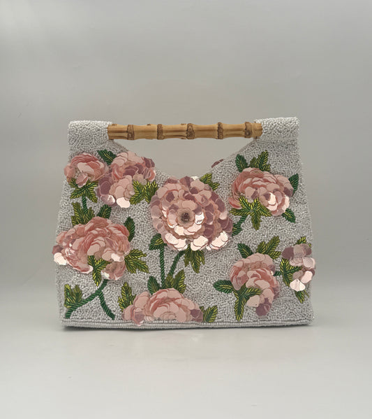 Hand Beaded Pink Floral Purse Handbag with Bamboo Handle