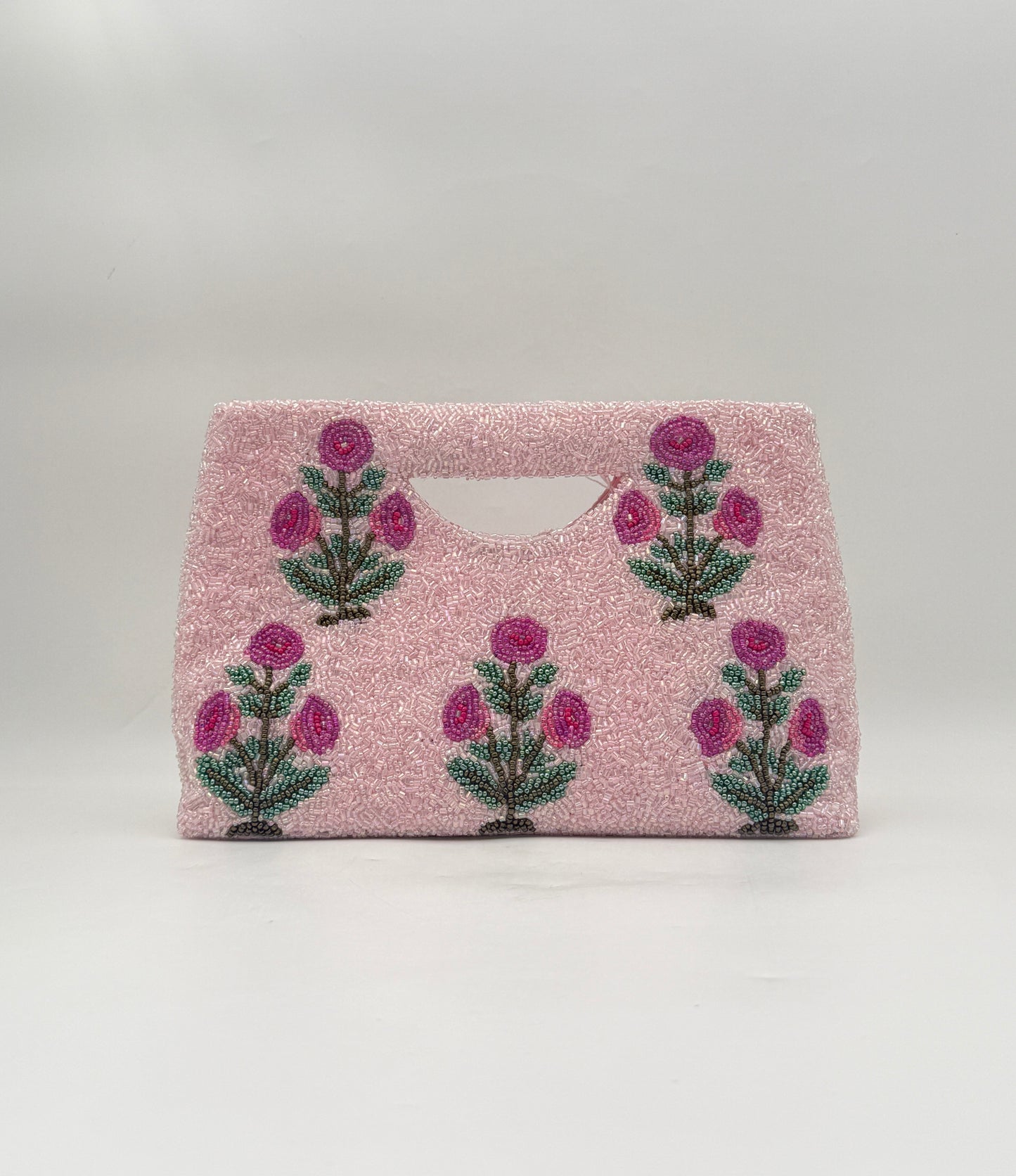 Hand Beaded Pink Floral Clutch Purse with Rose Motif