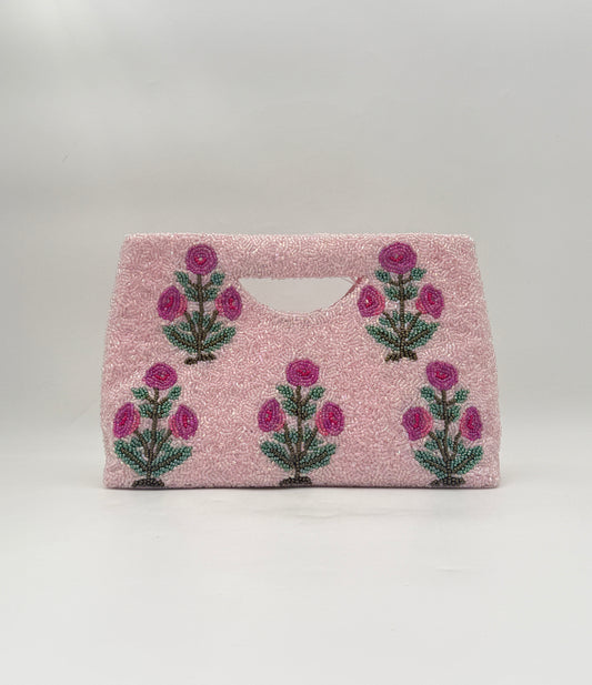 Hand Beaded Pink Floral Clutch Purse with Rose Motif