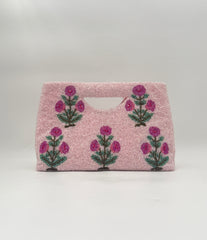 Hand Beaded Pink Floral Clutch Purse with Rose Motif