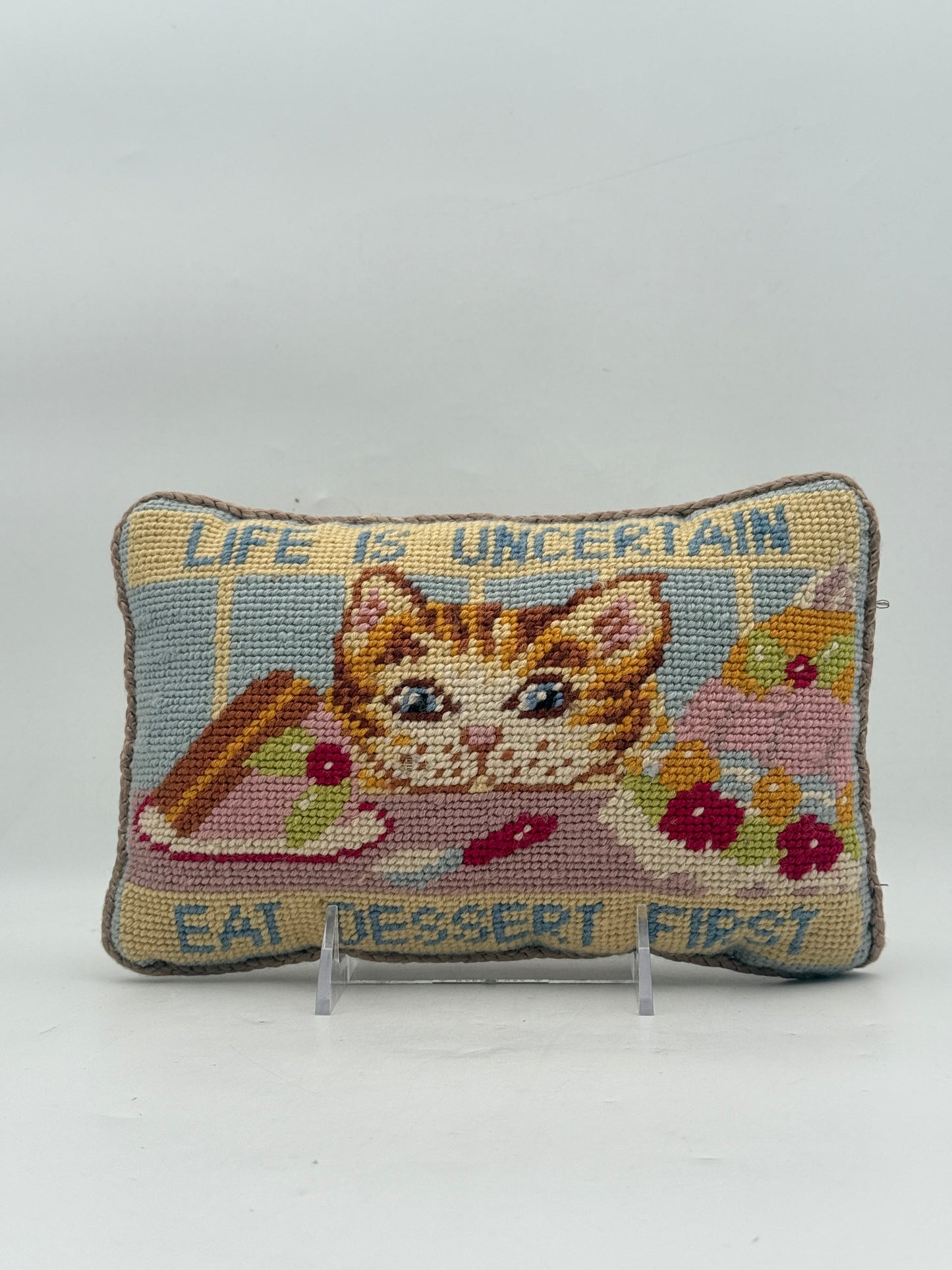 Needlepoint Dessert Cat Pillow