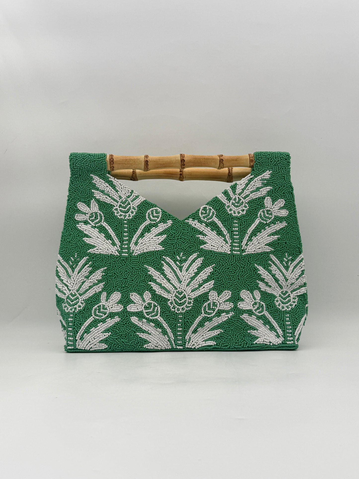 Hand Beaded Green Purse Handbag with White Branch Motif & Bamboo Handle