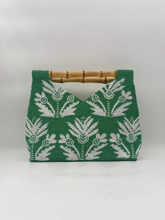 Hand Beaded Green Purse Handbag with White Branch Motif & Bamboo Handle