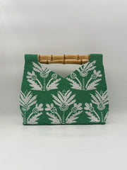 Hand Beaded Green Purse Handbag with White Branch Motif & Bamboo Handle