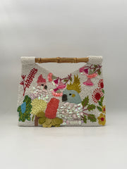 Hand Beaded Parrot Purse Handbag with Bamboo Handle Tropical Bird Design