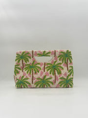 Hand Beaded Palm Tree Clutch Purse Pink Tropical Pattern