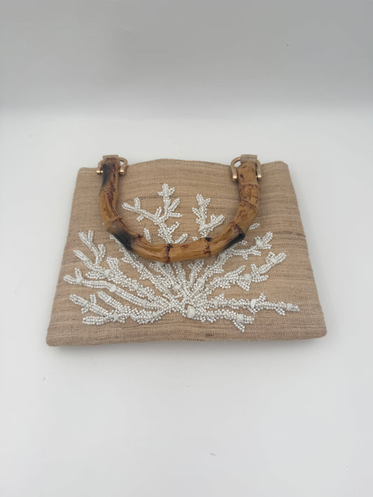 Hand Beaded White Coral Clutch with Bamboo Handle on Raw Silk