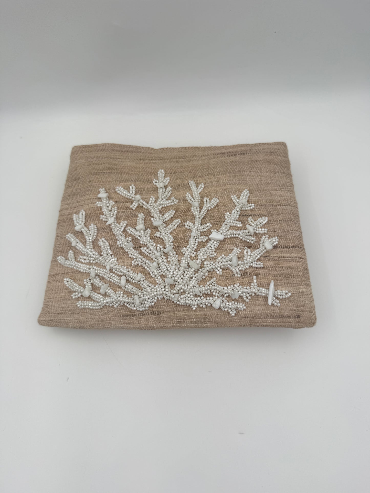 Hand Beaded White Coral Clutch with Bamboo Handle on Raw Silk