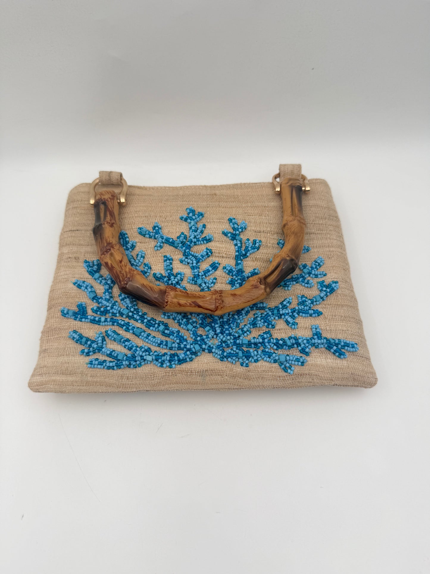 Hand Beaded Turquoise Coral Purse with Bamboo Handle