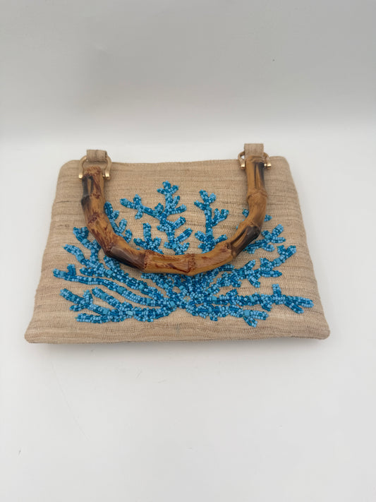 Hand Beaded Turquoise Coral Purse with Bamboo Handle