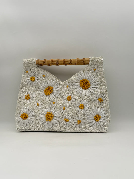 Hand Beaded Daisy Purse Handbag with Bamboo Handle