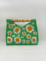 Hand Beaded Green Daisy Purse Handbag with Bamboo Handle